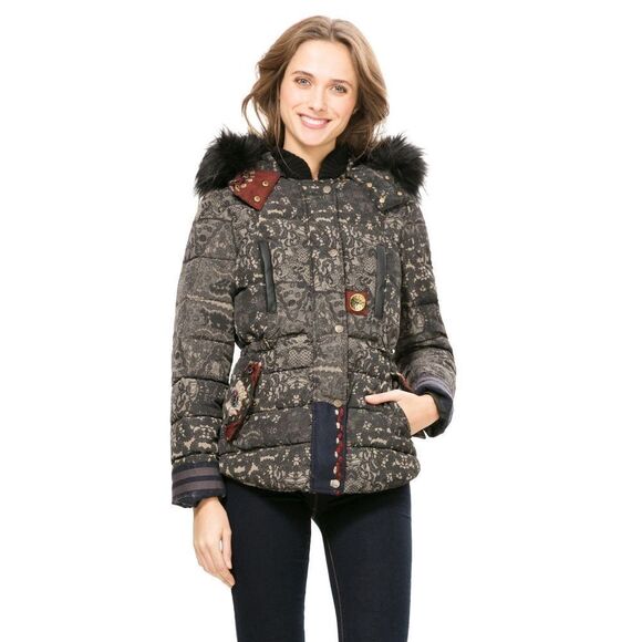 Desigual Badajoz lace print beaded embroidered puffer coat size 38 or US small - Picture 2 of 15